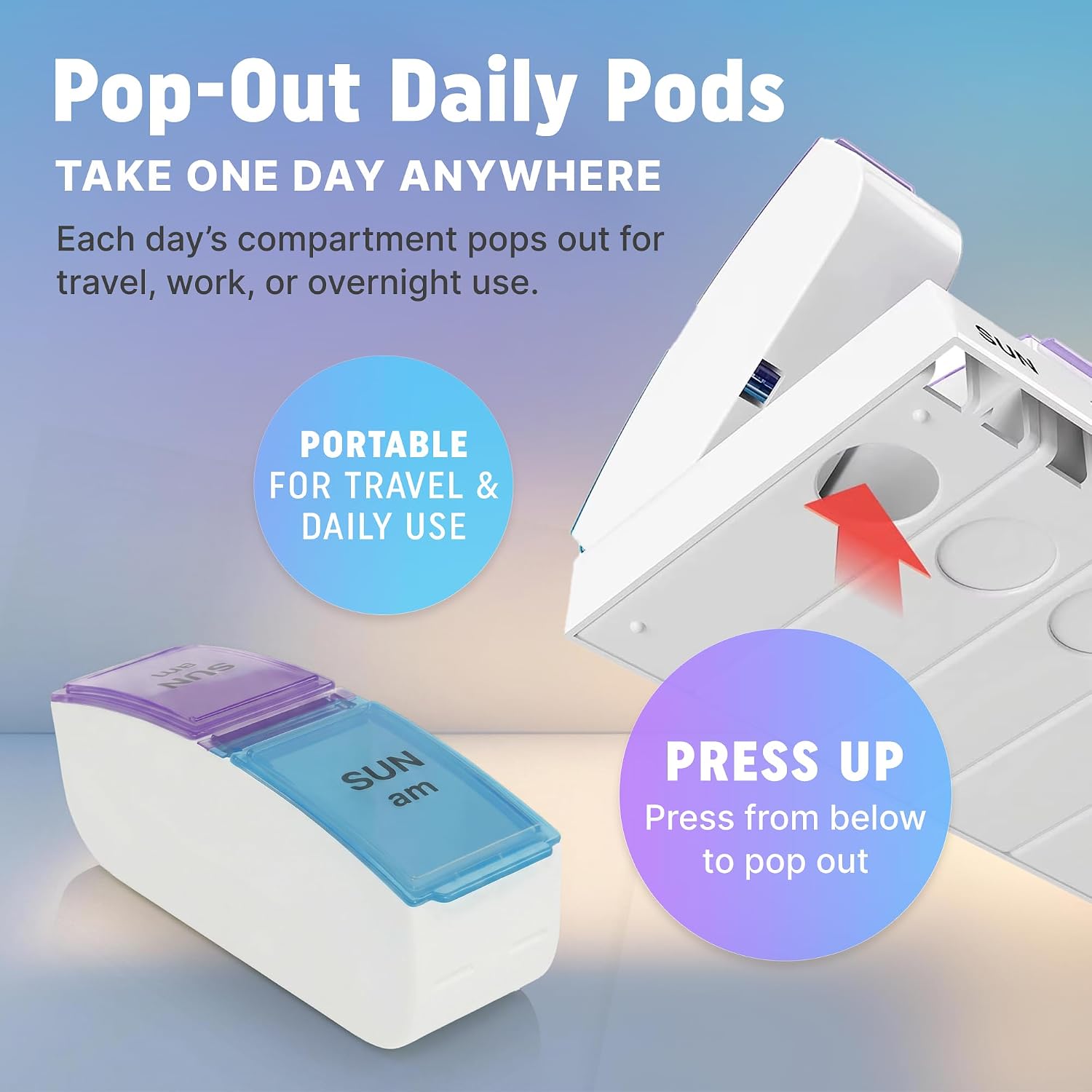 Weekly AM/PM Pill Organizer - 7 Day Medicine Planner with Large Pop-Out Daily Compartments, Easy Open 2-Times-a-Day Pill Case for Travel that Holds Big Size Vitamins & Supplements, Blue and Purple